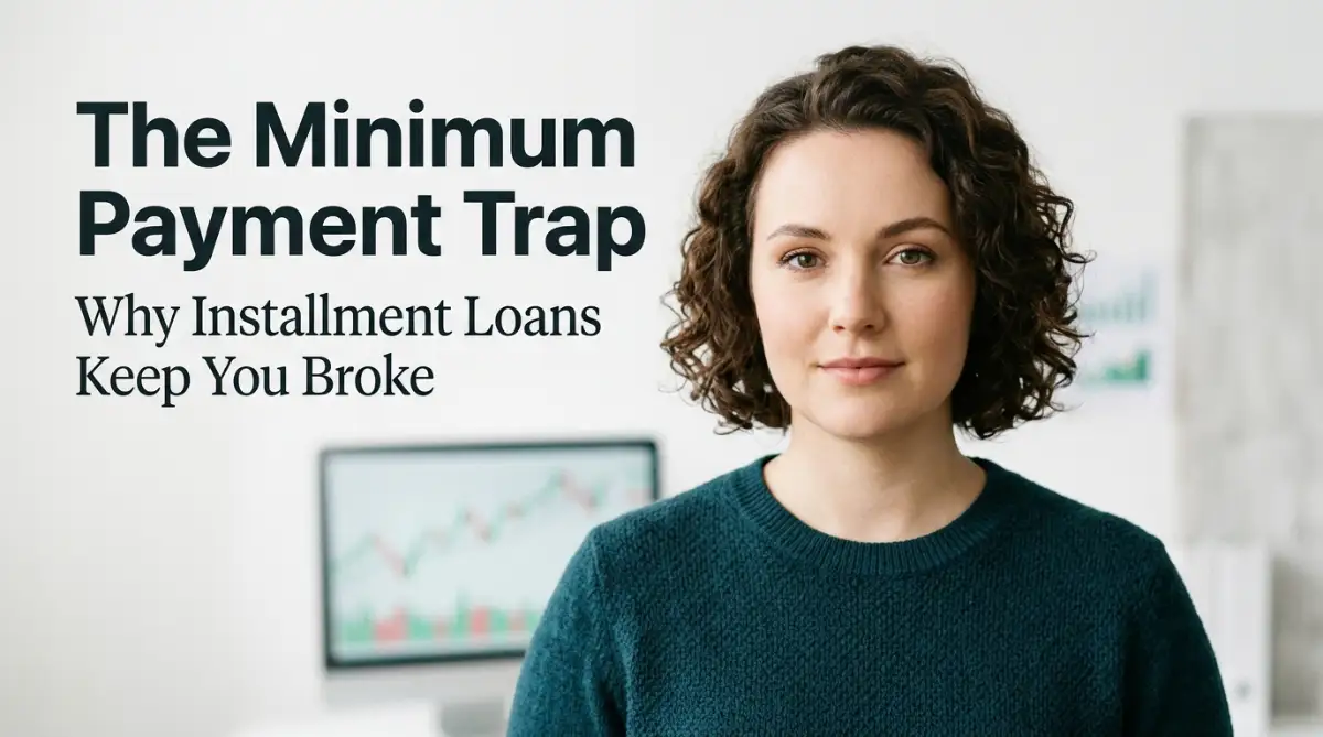 A confident young woman standing in a bright studio holding a financial document, highlighting the reality of the installment loan minimum payment trap.