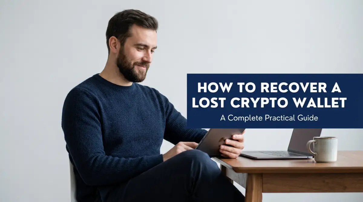 A young man holding a tablet displaying a guide on how to recover a lost crypto wallet safely.